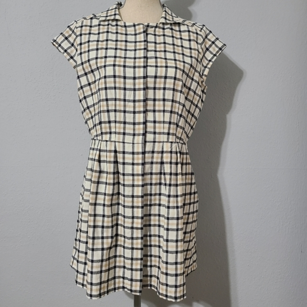 Pendelton Short Sleeve Tan Black Mini Sheath Button Down‎ Cotton Dress Size 12
